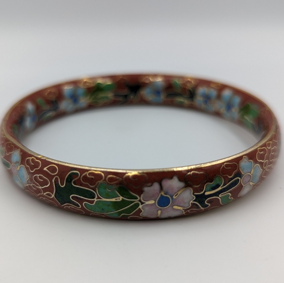 Floral Vintage Cloisonné Costume Bracelet Bangle Red with Flowers - Picture 3 of 11